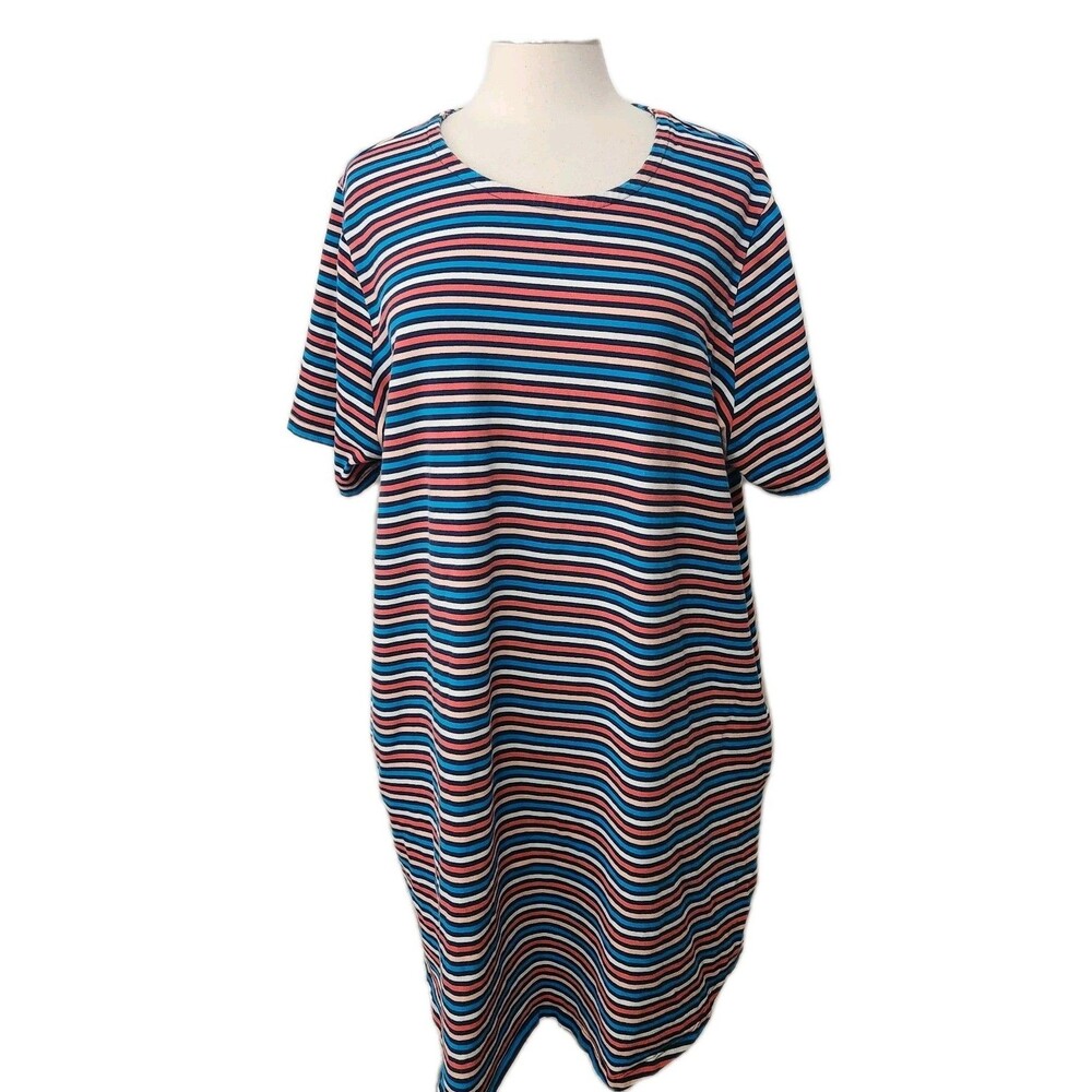 Terra & Sky Womens Blue Pink Stripe T-Shirt Dress Pockets Size 2X Knit Stretch